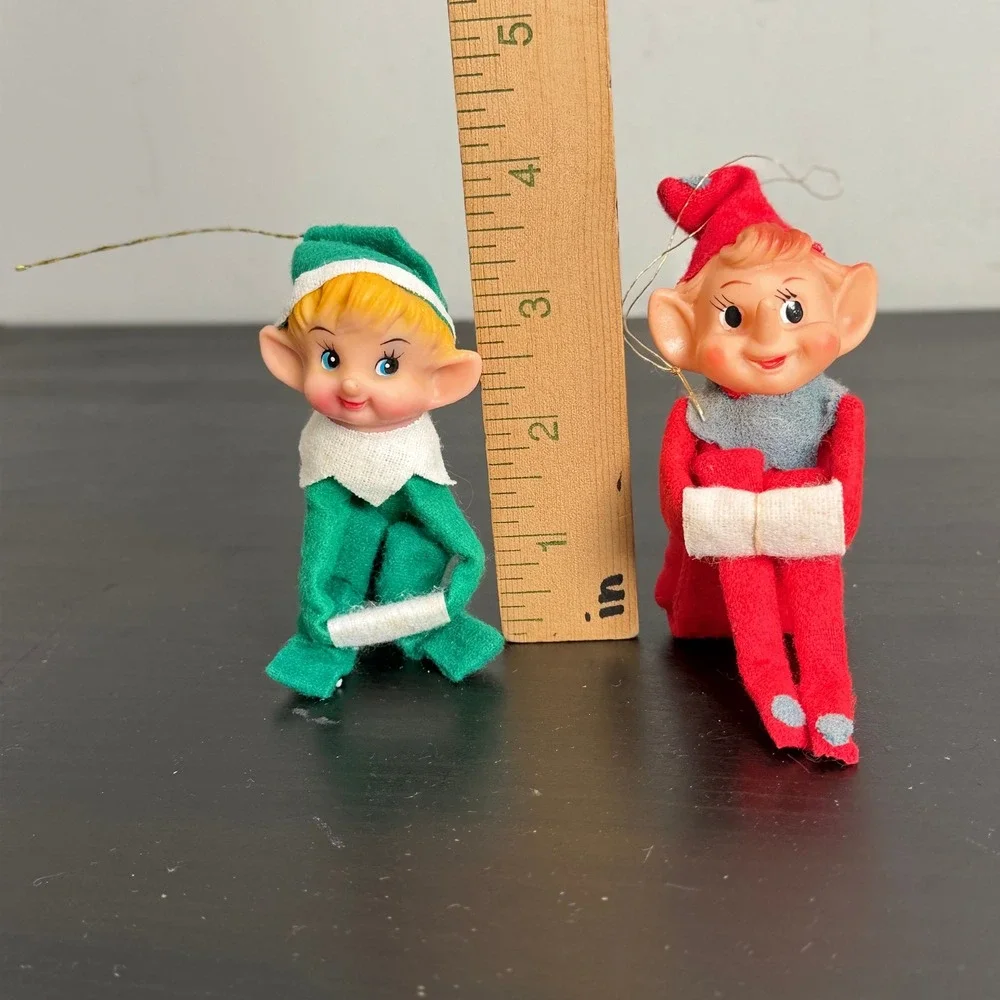 Vintage Pair of Christmas Pixie Elf Ornaments Knee Hugger Dolls Japan
